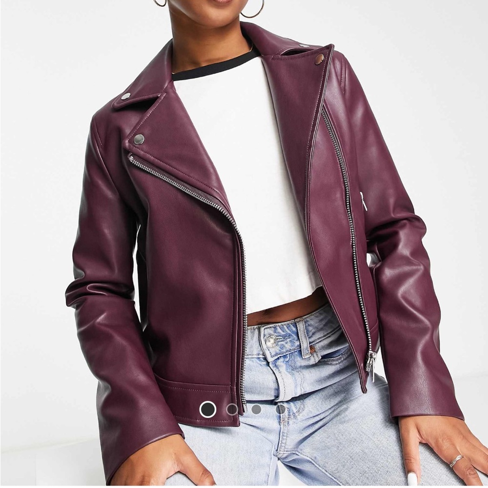 ASOS Faux Biker Leather Jacket in Burgundy